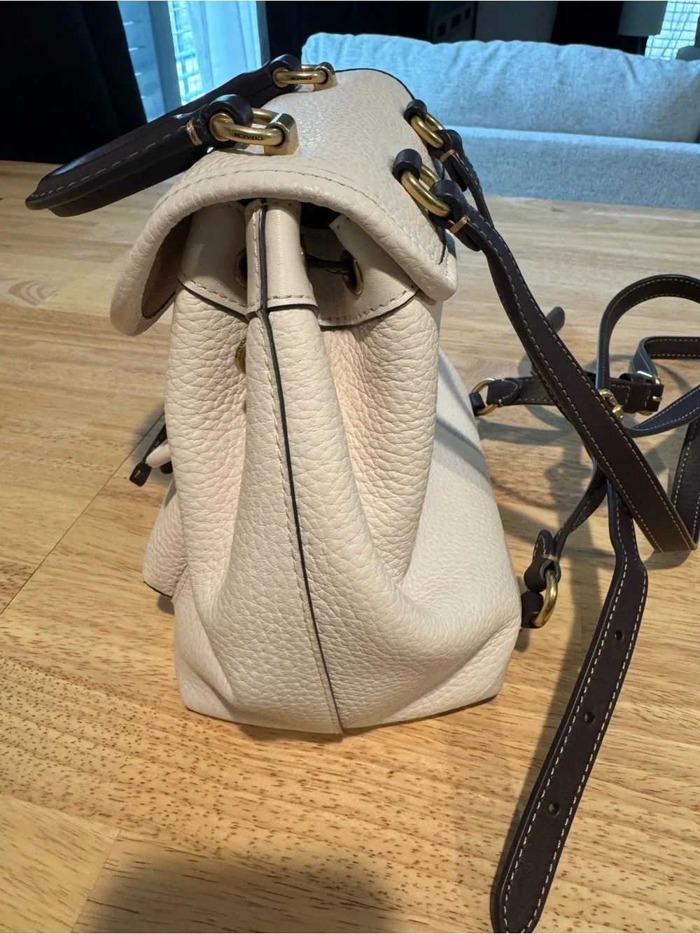 Coach Chalk Pebble Leather Mini Backpack with Black Trim
